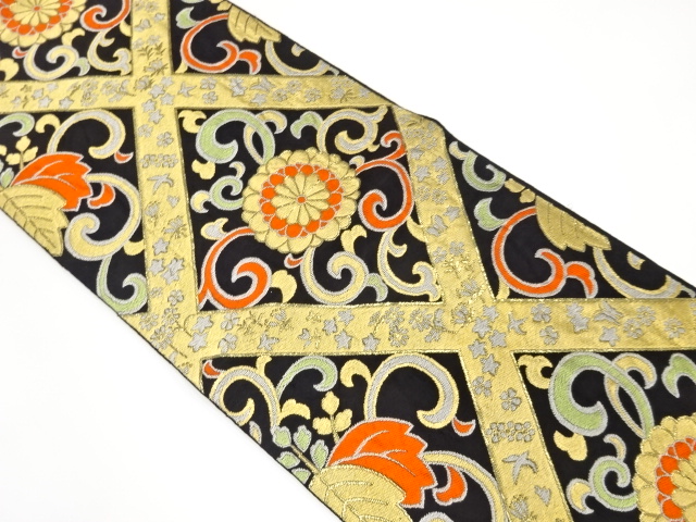 アンティーク　斜め格子に菊唐草模様織り出し袋帯（着用可）